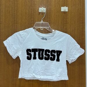Stussy Cropped White Tee with Velvet Burgundy Logo